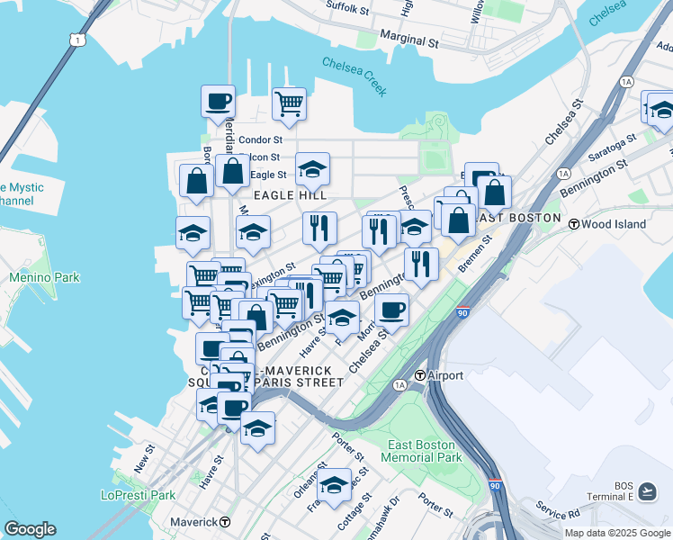 map of restaurants, bars, coffee shops, grocery stores, and more near 143 Princeton Street in Boston