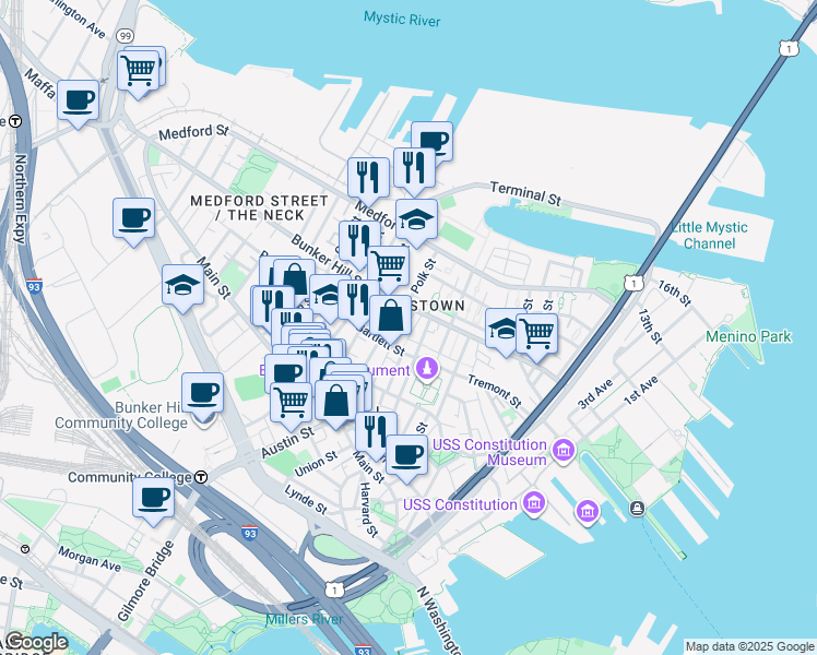 map of restaurants, bars, coffee shops, grocery stores, and more near in Boston