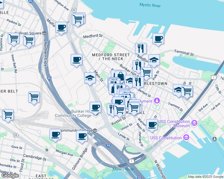 map of restaurants, bars, coffee shops, grocery stores, and more near 14 Sullivan Street in Boston