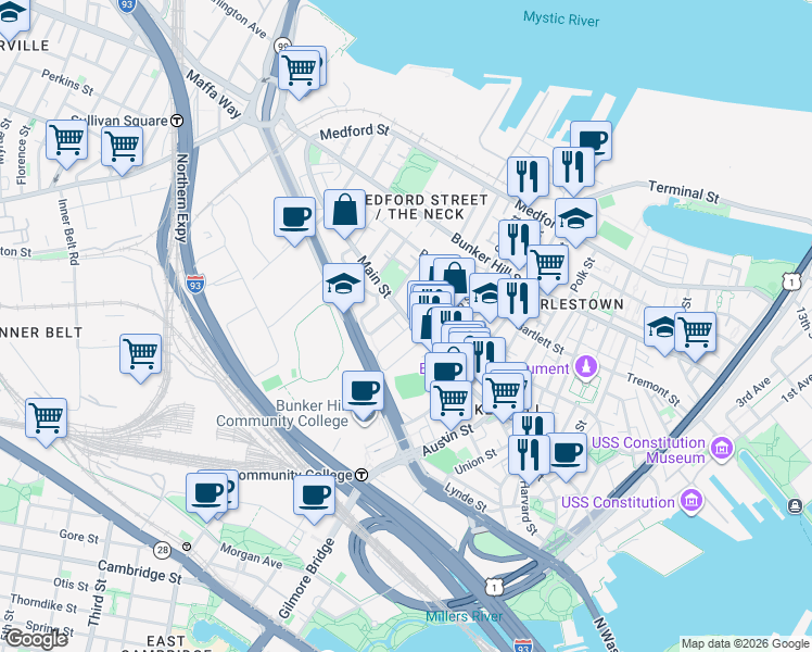 map of restaurants, bars, coffee shops, grocery stores, and more near 10 Tibbetts Town Way in Boston