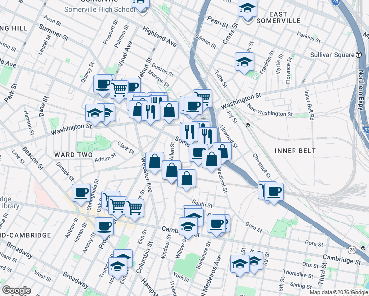 map of restaurants, bars, coffee shops, grocery stores, and more near 12 Linden Street in Somerville