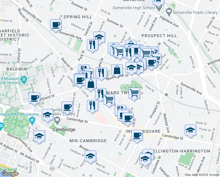 map of restaurants, bars, coffee shops, grocery stores, and more near 35 Rose Street in Somerville