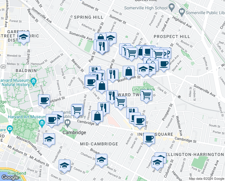 map of restaurants, bars, coffee shops, grocery stores, and more near 24 Beacon Place in Somerville