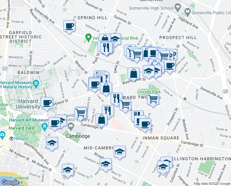map of restaurants, bars, coffee shops, grocery stores, and more near 24 Beacon Place in Somerville