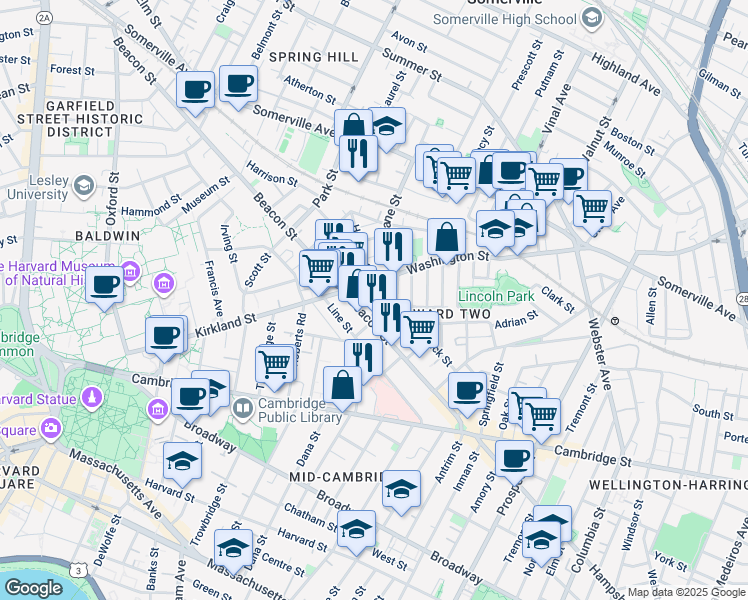 map of restaurants, bars, coffee shops, grocery stores, and more near 24 Beacon Place in Somerville
