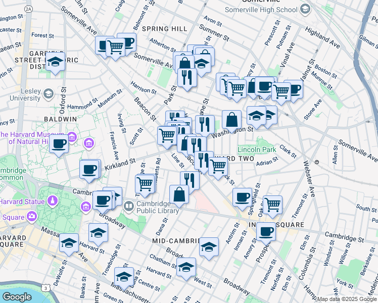 map of restaurants, bars, coffee shops, grocery stores, and more near in Somerville