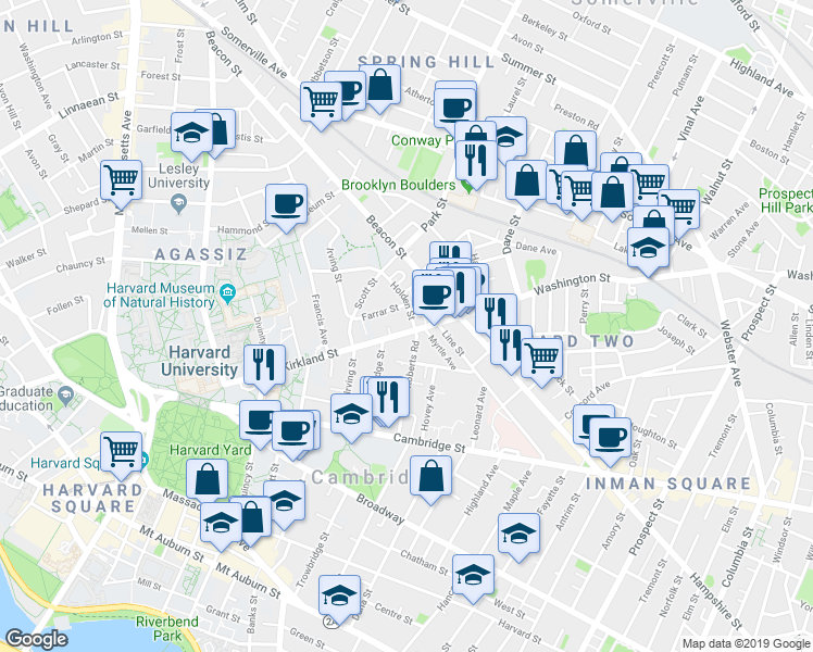 map of restaurants, bars, coffee shops, grocery stores, and more near in Cambridge