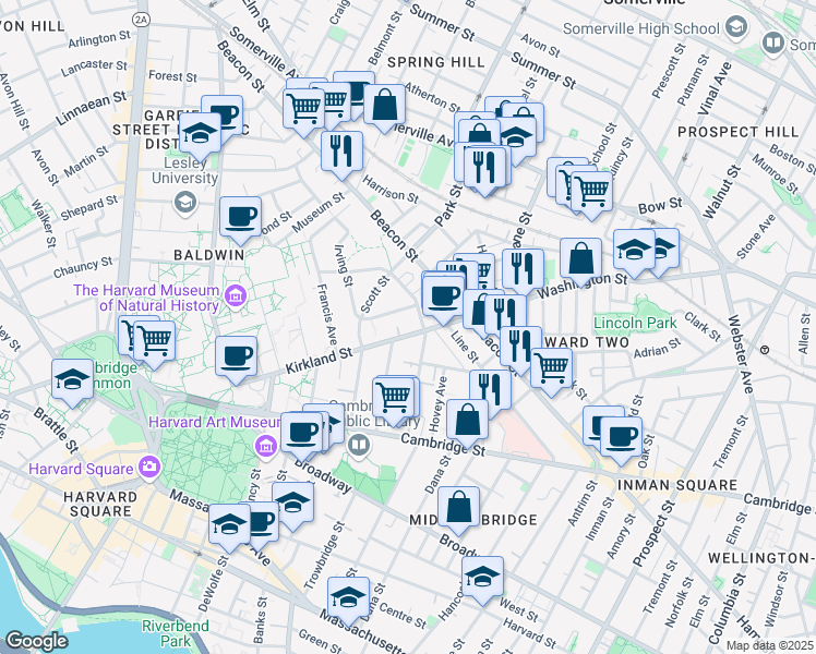 map of restaurants, bars, coffee shops, grocery stores, and more near in Cambridge