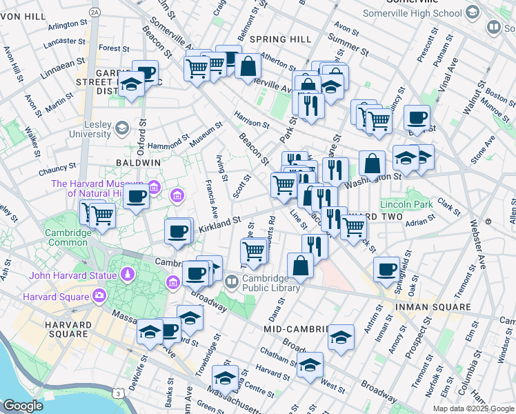 map of restaurants, bars, coffee shops, grocery stores, and more near in Cambridge