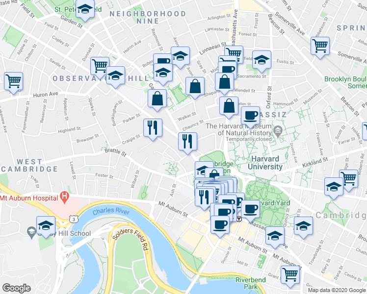 map of restaurants, bars, coffee shops, grocery stores, and more near in Cambridge
