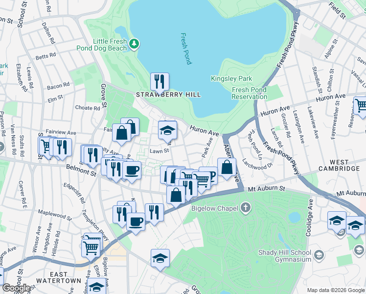 map of restaurants, bars, coffee shops, grocery stores, and more near 128 Holworthy Street in Cambridge
