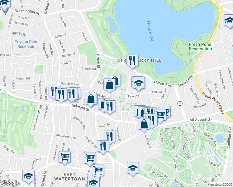 map of restaurants, bars, coffee shops, grocery stores, and more near 71 Oxford Circle in Belmont