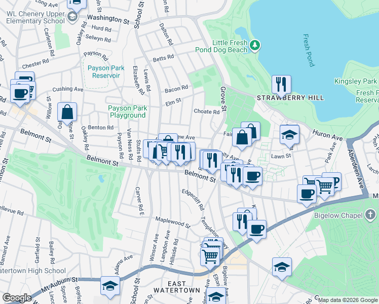 map of restaurants, bars, coffee shops, grocery stores, and more near 30 Springfield Street in Belmont