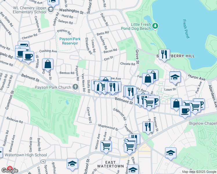 map of restaurants, bars, coffee shops, grocery stores, and more near 32 Springfield Street in Belmont