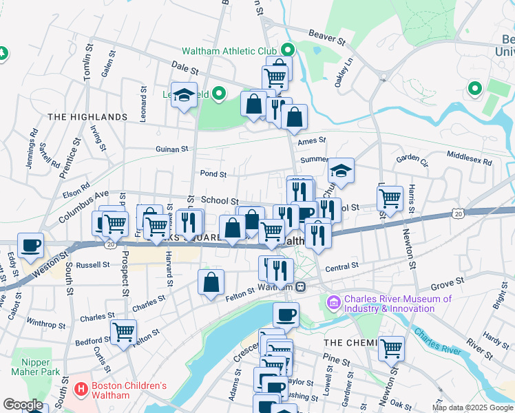 map of restaurants, bars, coffee shops, grocery stores, and more near 156 School Street in Waltham