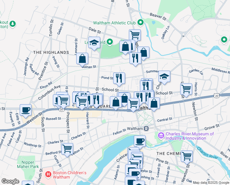 map of restaurants, bars, coffee shops, grocery stores, and more near 186 School Street in Waltham
