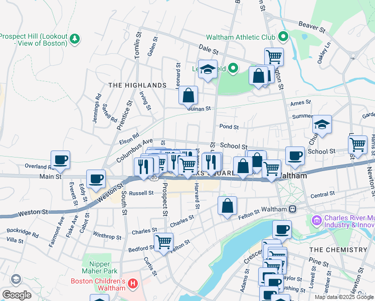 map of restaurants, bars, coffee shops, grocery stores, and more near 48 Fiske Street in Waltham