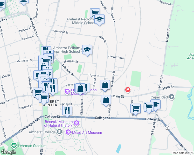 map of restaurants, bars, coffee shops, grocery stores, and more near 62 Gray Street in Amherst