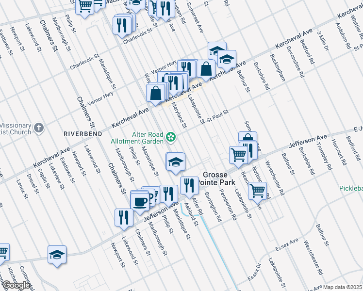 map of restaurants, bars, coffee shops, grocery stores, and more near 1332 Alter Road in Detroit