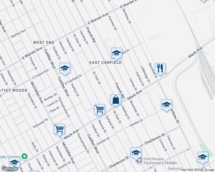 map of restaurants, bars, coffee shops, grocery stores, and more near 3881 Harding Street in Detroit
