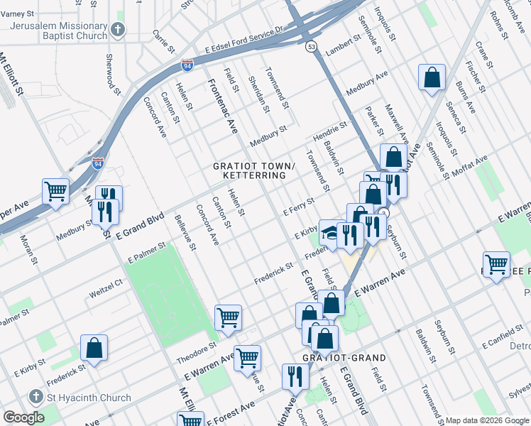 map of restaurants, bars, coffee shops, grocery stores, and more near 1341 East Grand Boulevard in Detroit
