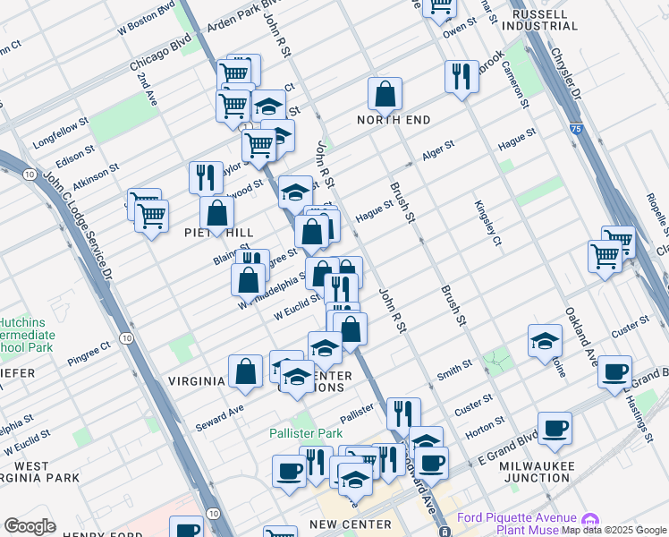 map of restaurants, bars, coffee shops, grocery stores, and more near 30 East Philadelphia Street in Detroit