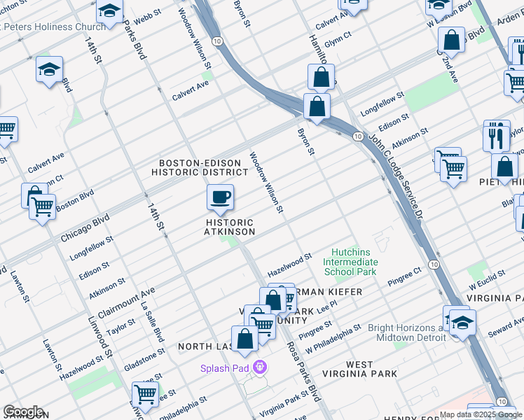 map of restaurants, bars, coffee shops, grocery stores, and more near 1674 Atkinson Street in Detroit