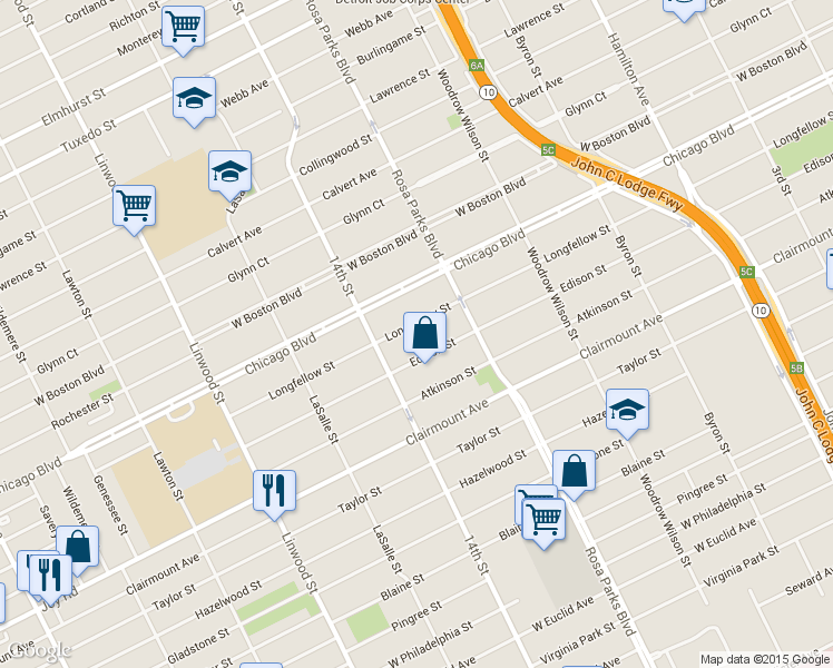 map of restaurants, bars, coffee shops, grocery stores, and more near 2021 Longfellow Street in Detroit