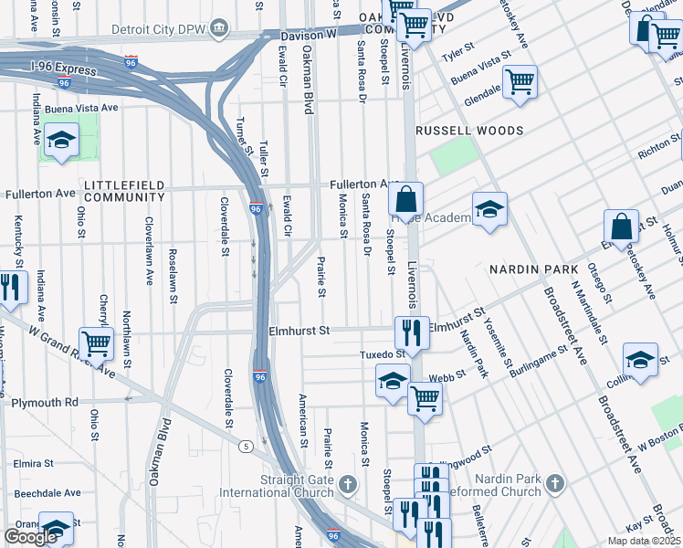 map of restaurants, bars, coffee shops, grocery stores, and more near 12130 Monica Street in Detroit