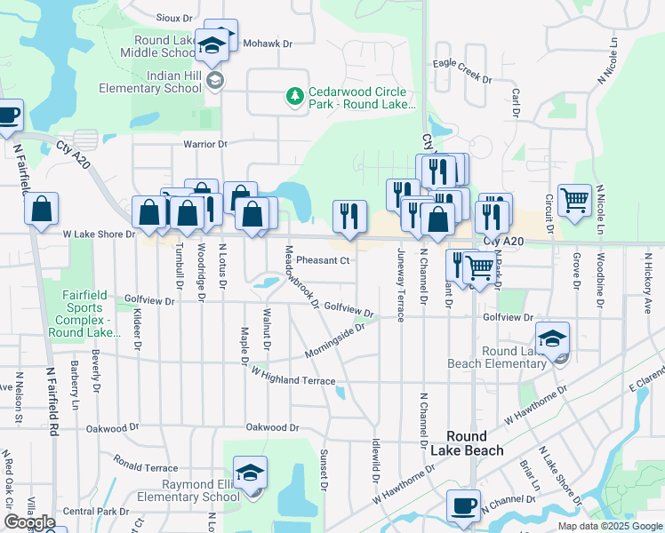 map of restaurants, bars, coffee shops, grocery stores, and more near 527 Pheasant Ct in Round Lake Beach