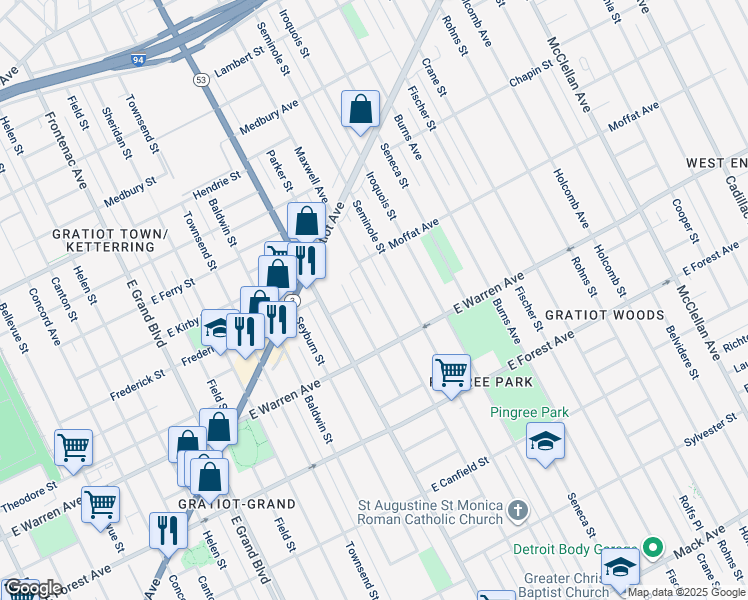 map of restaurants, bars, coffee shops, grocery stores, and more near 5101 Maxwell Avenue in Detroit