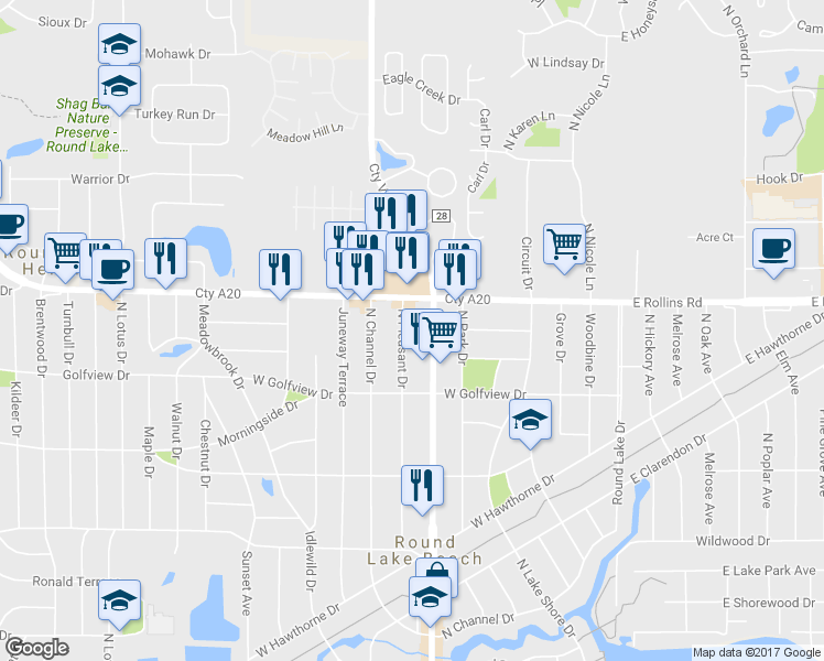 map of restaurants, bars, coffee shops, grocery stores, and more near 1619 North Pleasant Drive in Round Lake Beach