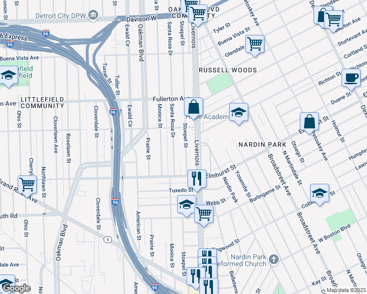 map of restaurants, bars, coffee shops, grocery stores, and more near 12129 Stoepel St in Detroit