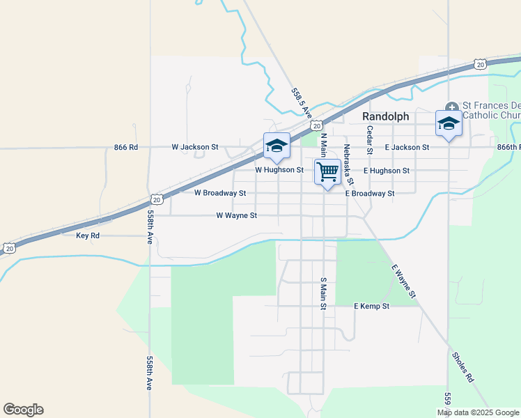 map of restaurants, bars, coffee shops, grocery stores, and more near 300-398 West Wayne Street in Randolph
