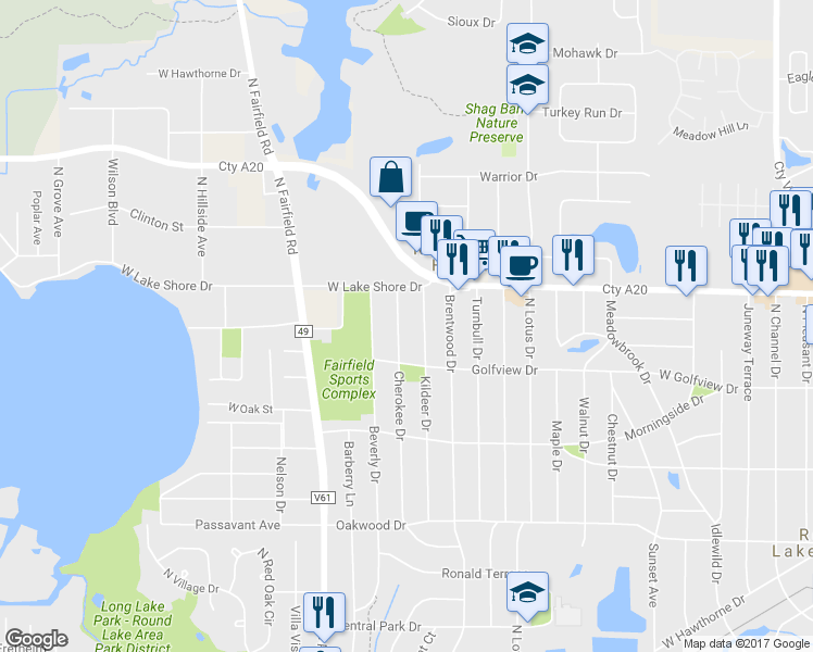 map of restaurants, bars, coffee shops, grocery stores, and more near 1613 Cherokee Drive in Round Lake Beach