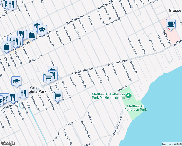 map of restaurants, bars, coffee shops, grocery stores, and more near 968 Trombley Road in Grosse Pointe Park