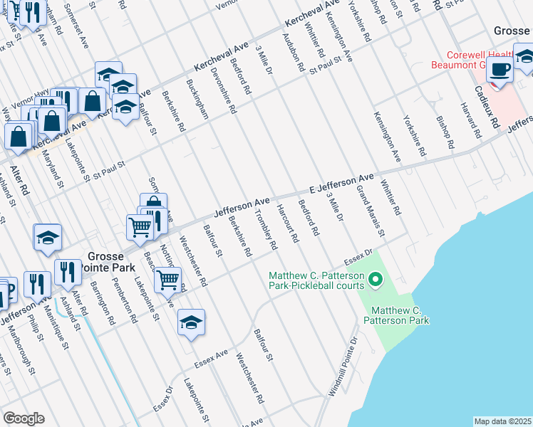 map of restaurants, bars, coffee shops, grocery stores, and more near 968 Trombley Road in Grosse Pointe Park
