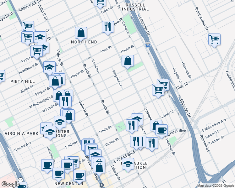 map of restaurants, bars, coffee shops, grocery stores, and more near 544 Mount Vernon Street in Detroit
