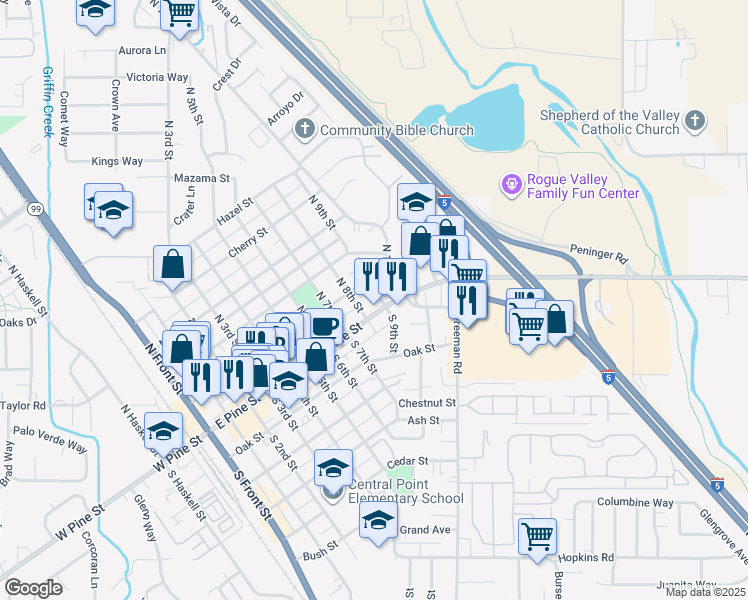 map of restaurants, bars, coffee shops, grocery stores, and more near 46 North 8th Street in Central Point