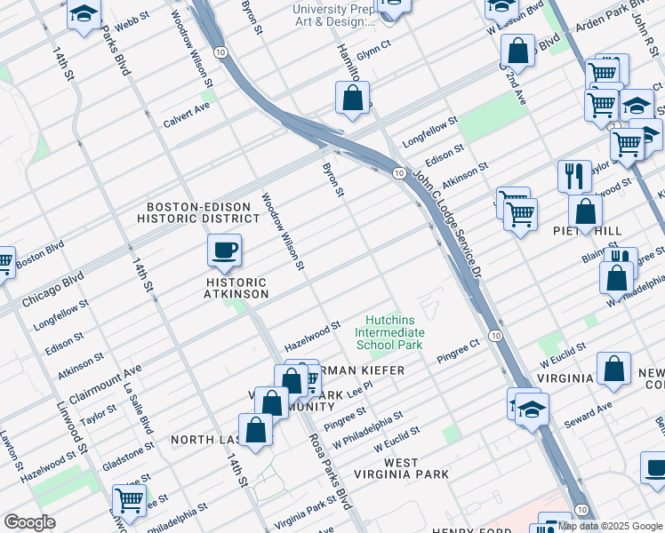map of restaurants, bars, coffee shops, grocery stores, and more near 1500 Clairmount Avenue in Detroit
