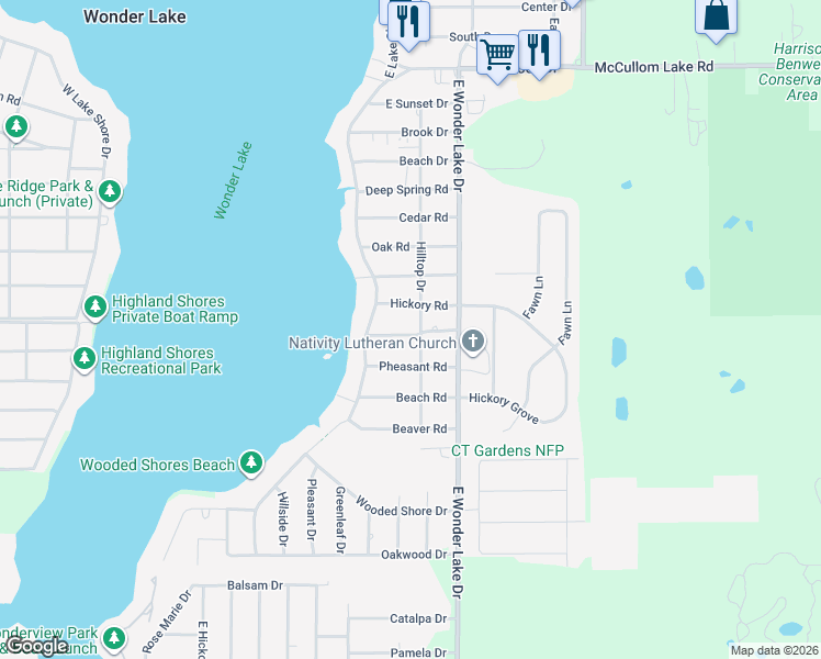 map of restaurants, bars, coffee shops, grocery stores, and more near 7616 Orchard Road in Wonder Lake