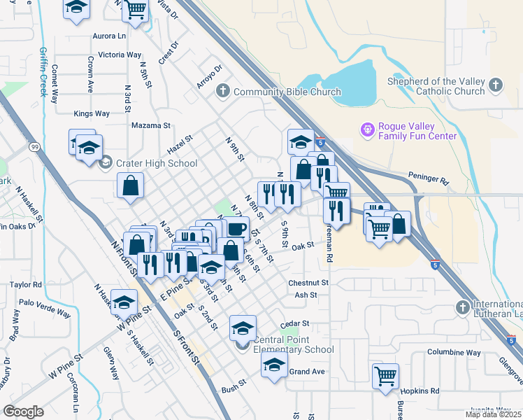 map of restaurants, bars, coffee shops, grocery stores, and more near 46 North 8th Street in Central Point