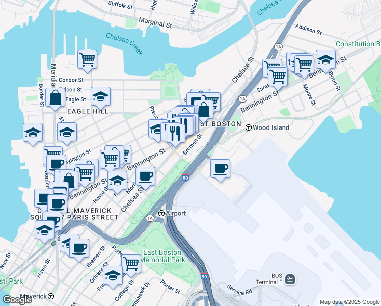 map of restaurants, bars, coffee shops, grocery stores, and more near 375 Bremen Street in Boston
