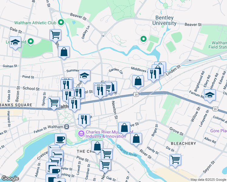 map of restaurants, bars, coffee shops, grocery stores, and more near 18 Harris Street in Waltham