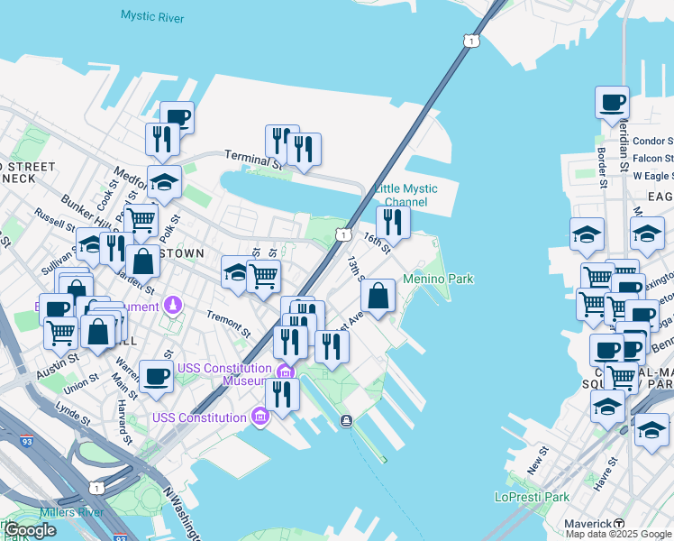 map of restaurants, bars, coffee shops, grocery stores, and more near 58 13th Street in Boston