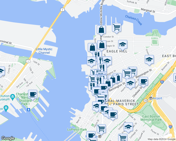 map of restaurants, bars, coffee shops, grocery stores, and more near 298-310 Border Street in Boston