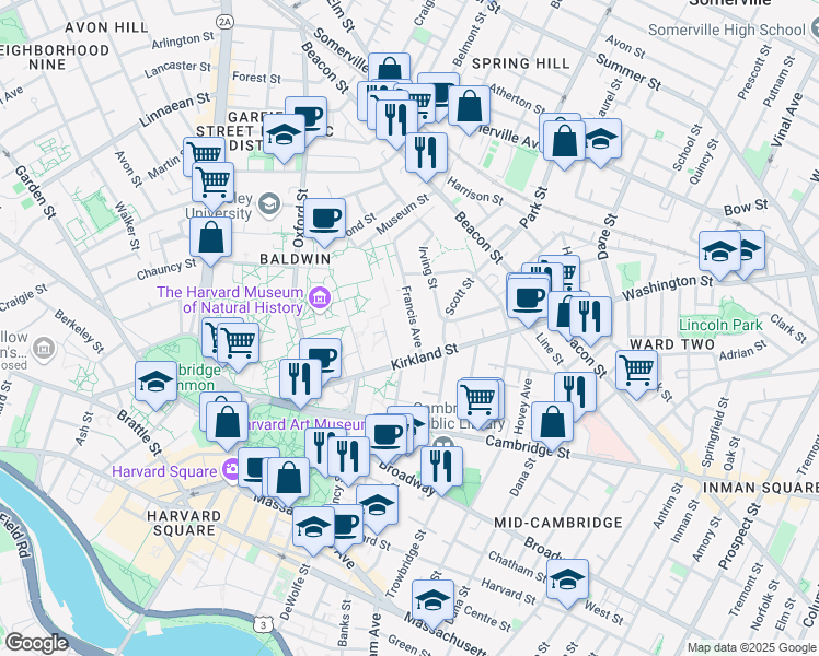 map of restaurants, bars, coffee shops, grocery stores, and more near 9 Francis Avenue in Cambridge