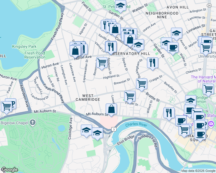 map of restaurants, bars, coffee shops, grocery stores, and more near 3 Kennedy Road in Cambridge