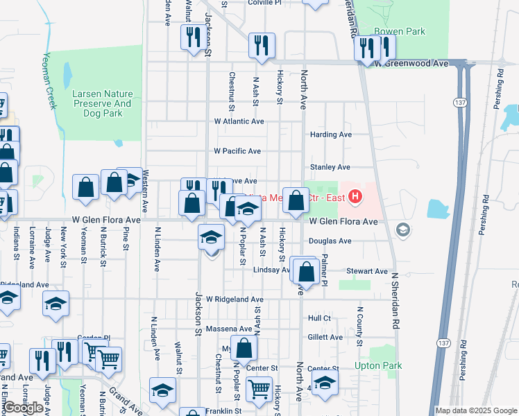 map of restaurants, bars, coffee shops, grocery stores, and more near 1311 North Ash Street in Waukegan