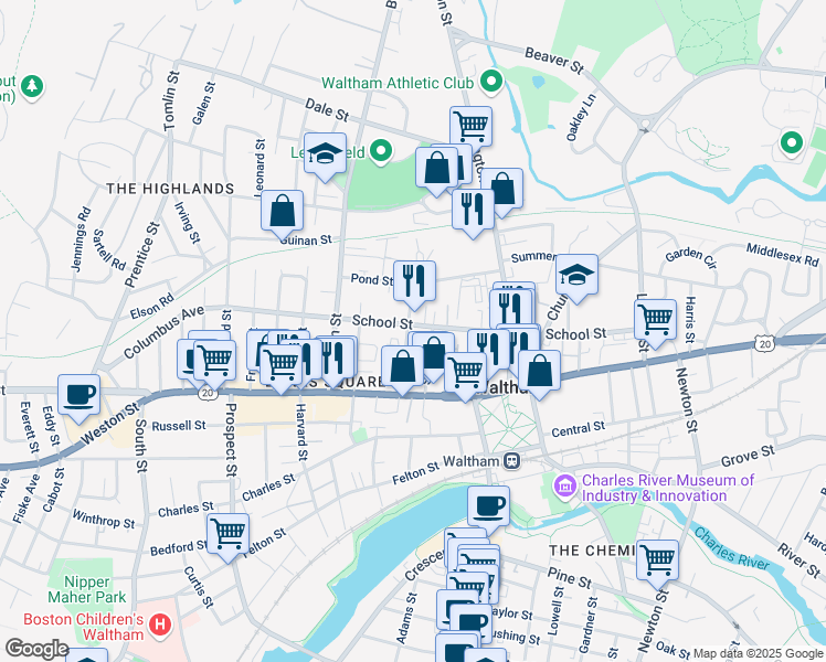 map of restaurants, bars, coffee shops, grocery stores, and more near 186 School Street in Waltham